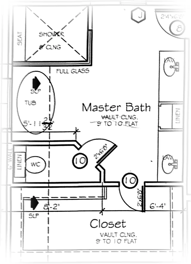 Partial floor plan drawing of the primary bath, toilet room and walk-in closet