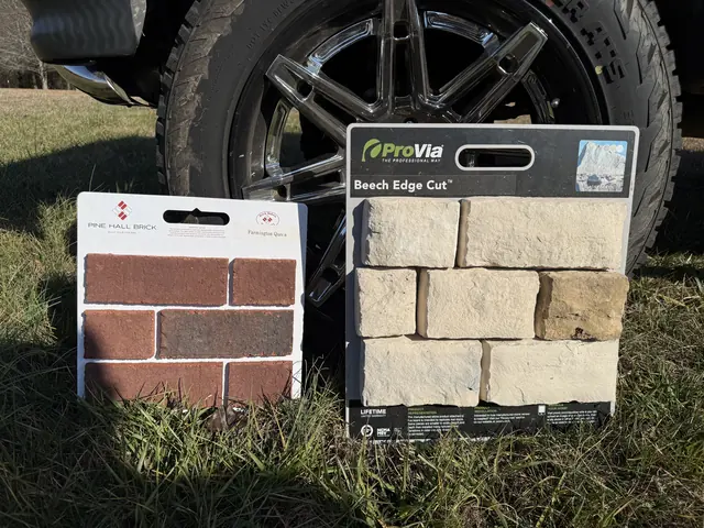 Brick and stone sample boards propped up on the lot